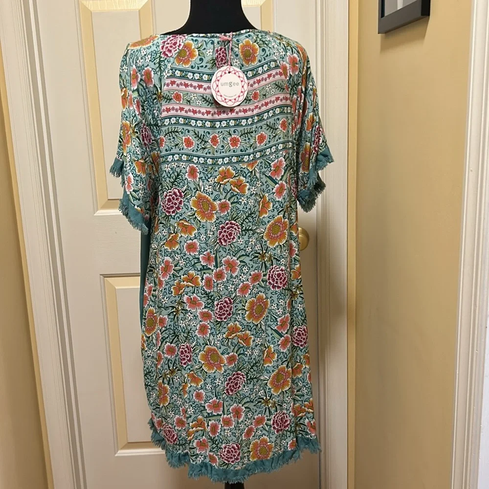 Umgee Teal Floral Mini Dress with Fringe Trim - Picture 2 of 4